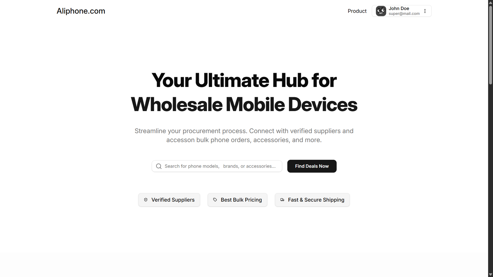 Screenshot of Aliphone B2B phone ecommerce